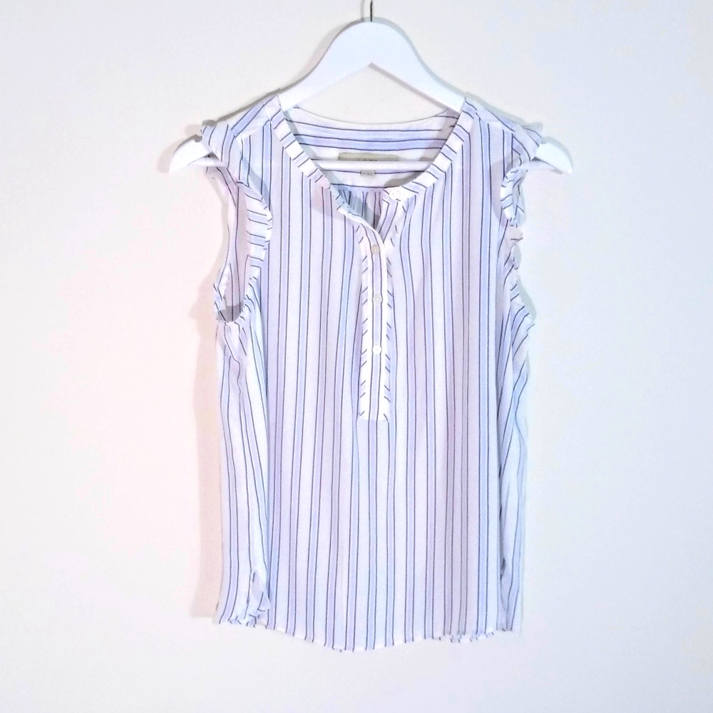 LOFT MP blue and white sleeveless ruffled blouse